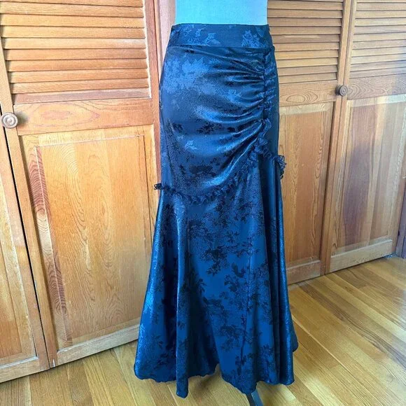 Gothic Victorian Flower Satin Gathered Side Mermaid Maxi Skirt S-M